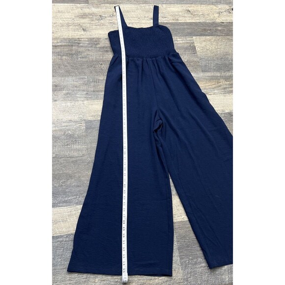 Wide Leg Jumpsuit Overall Strap Solid Blue Pant Jumper Size Large - Picture 12 of 14